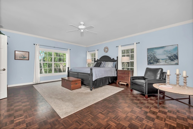bedroom with a ceiling fan, baseboards, and ornamental molding