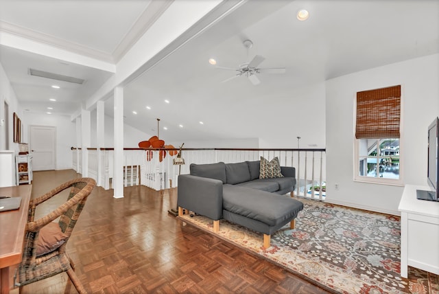 living room featuring lofted ceiling, a ceiling fan, and recessed lighting