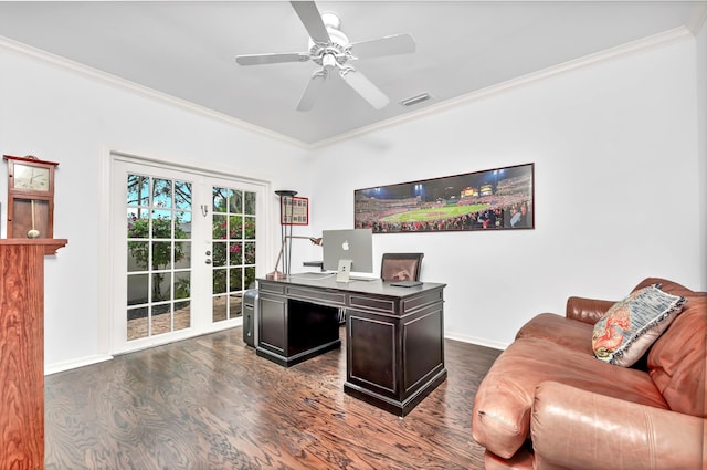 office area with baseboards, crown molding, dark wood-style floors, and french doors