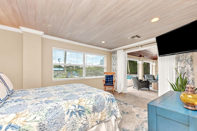 bedroom with wood ceiling, access to outside, recessed lighting, and crown molding