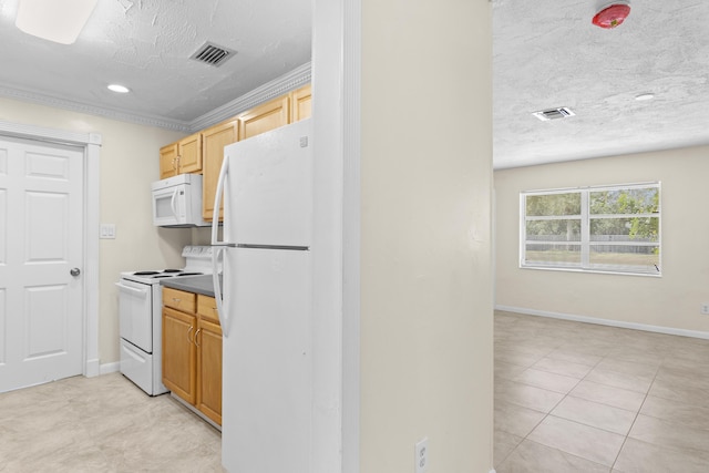 kitchen featuring dark countertops, white appliances, visible vents, and a textured ceiling