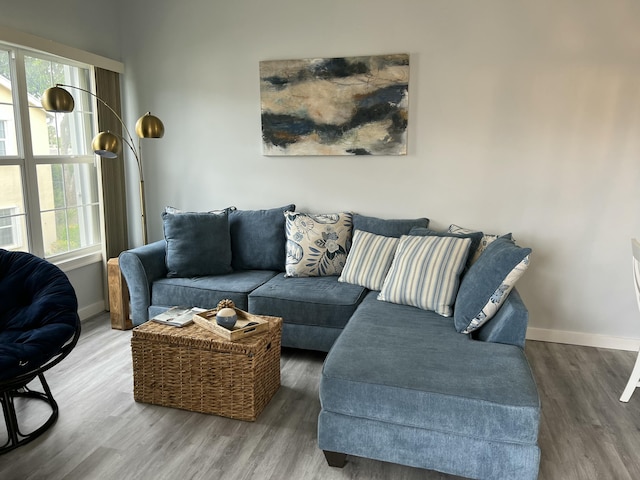 living area featuring baseboards and wood finished floors