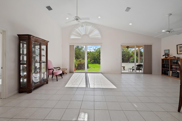 3190 SE Carrick Green Ct, Port Saint Lucie, FL 34952 - unfurnished living room with a ceiling fan, light tile patterned flooring, high vaulted ceiling, and recessed lighting