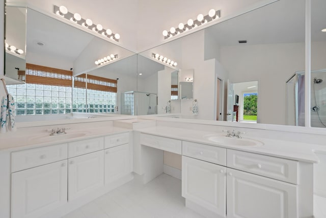 3190 SE Carrick Green Ct, Port Saint Lucie, FL 34952 - full bathroom featuring a shower stall, tile patterned floors, healthy amount of natural light, and double vanity