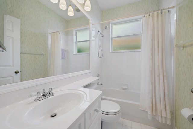 3190 SE Carrick Green Ct, Port Saint Lucie, FL 34952 - bathroom featuring wallpapered walls, toilet, shower / bath combo, vanity, and tile patterned floors