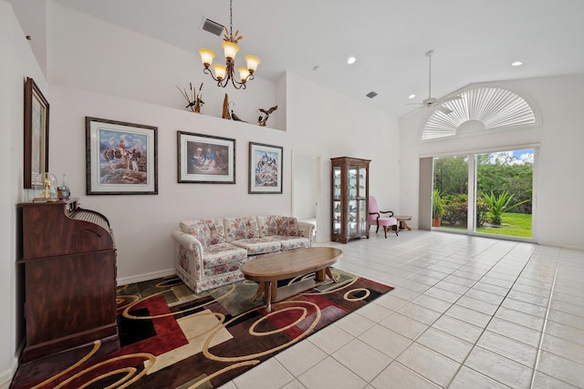 3190 SE Carrick Green Ct, Port Saint Lucie, FL 34952 - tiled living area with a ceiling fan, a chandelier, high vaulted ceiling, and recessed lighting
