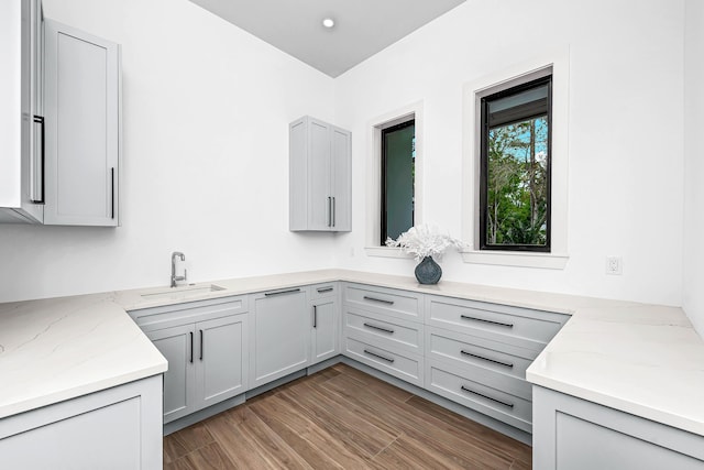 bathroom featuring wood finished floors, vanity, and recessed lighting