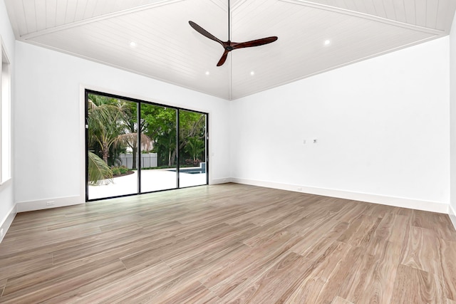 unfurnished room featuring baseboards, a ceiling fan, wood ceiling, vaulted ceiling, and light wood-style floors