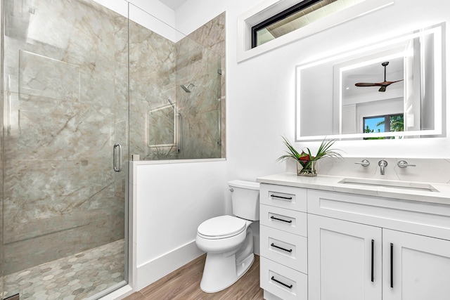 bathroom featuring vanity, wood finished floors, a shower stall, and toilet