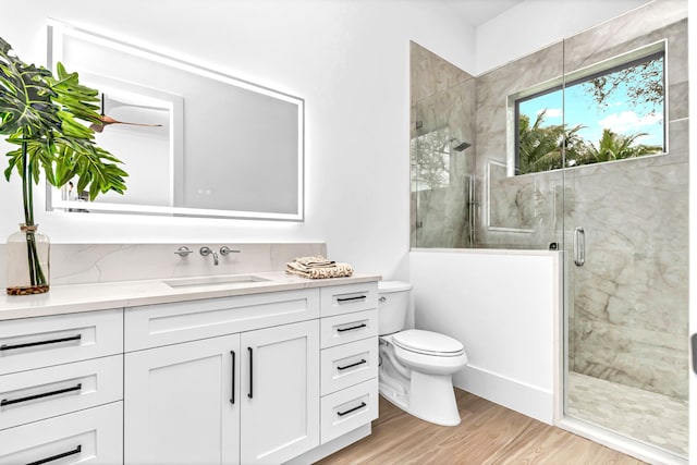 full bathroom featuring vanity, a stall shower, wood finished floors, and toilet