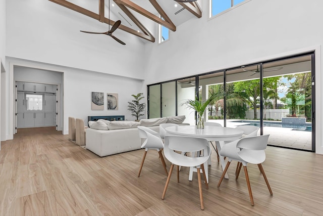 dining area featuring light wood-type flooring, ceiling fan, beam ceiling, and a wealth of natural light