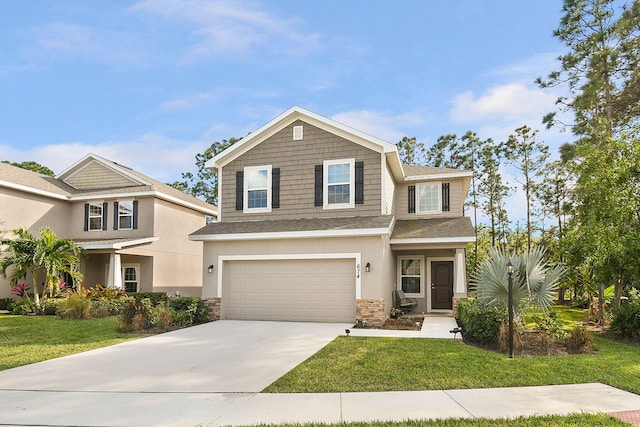 view of front of property featuring driveway, a front lawn, and stucco siding