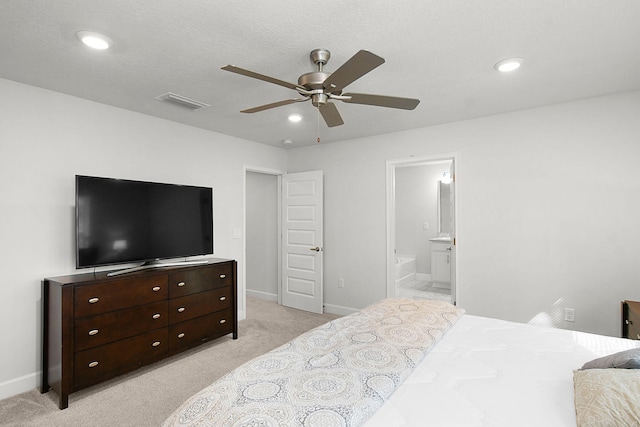 bedroom featuring baseboards, recessed lighting, visible vents, and light colored carpet