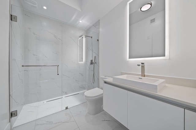 full bathroom featuring toilet, visible vents, vanity, marble finish floor, and a marble finish shower