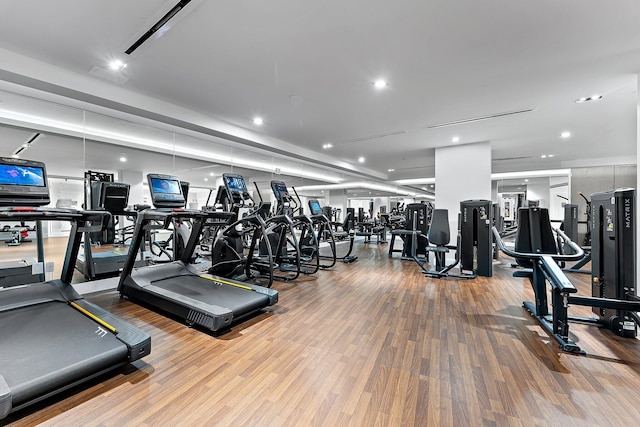 exercise room featuring wood finished floors