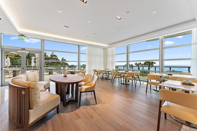 sunroom featuring french doors, plenty of natural light, a raised ceiling, and a water view