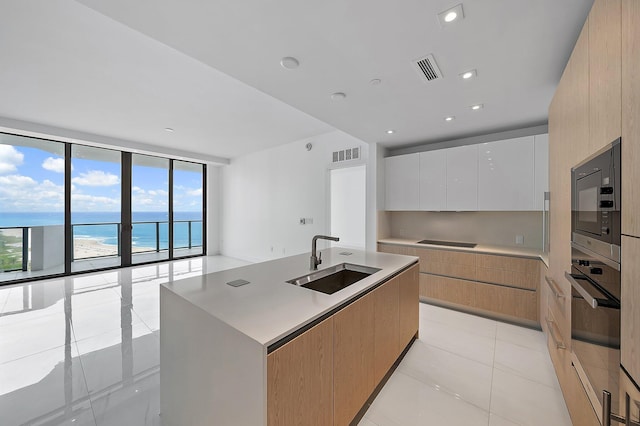 kitchen with modern cabinets, visible vents, a wall of windows, and a sink