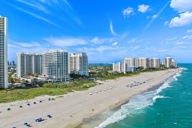 bird's eye view with a water view, a view of city, and a beach view