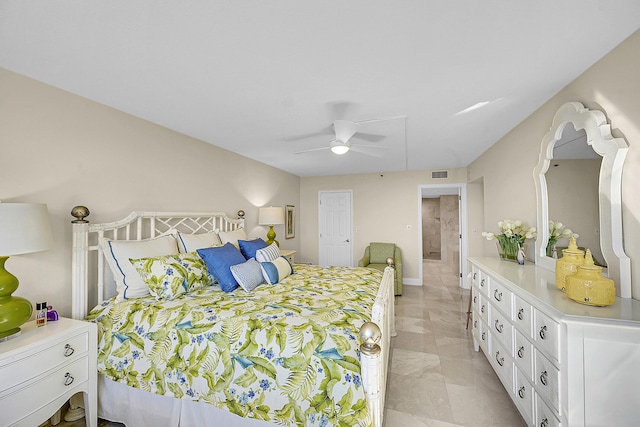 bedroom with ceiling fan and visible vents