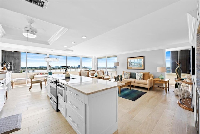 kitchen featuring a raised ceiling, visible vents, light wood-style flooring, ornamental molding, and plenty of natural light