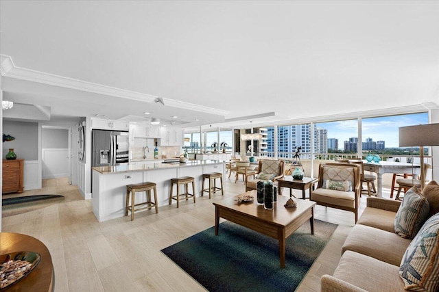 living area with a view of city, a wall of windows, light wood-type flooring, and crown molding