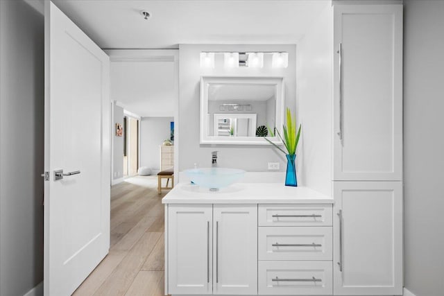 bathroom with wood finished floors and vanity