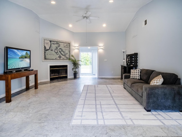 living room featuring visible vents, a fireplace with flush hearth, a ceiling fan, recessed lighting, and baseboards