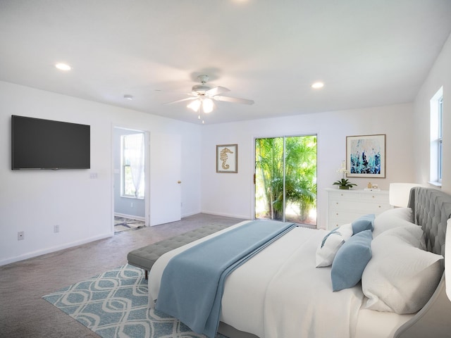 carpeted bedroom with ceiling fan, baseboards, and recessed lighting