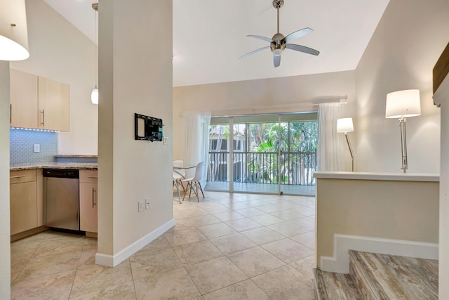 19203 Glenmoor Dr, West Palm Beach, FL 33409 - kitchen featuring dishwasher, high vaulted ceiling, ceiling fan, baseboards, and backsplash