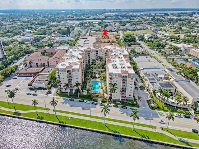 bird's eye view with a water view