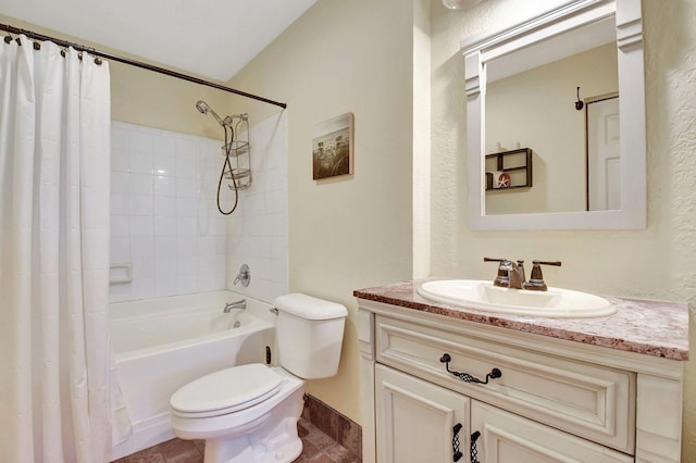 bathroom with toilet, tile patterned flooring, shower / bath combo, and vanity