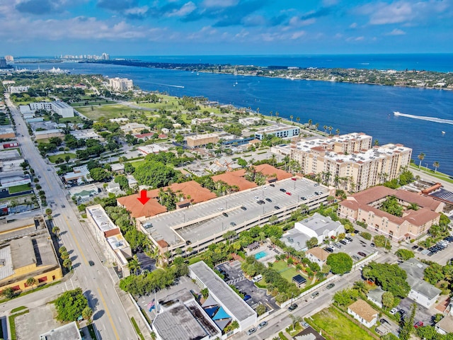 bird's eye view with a water view