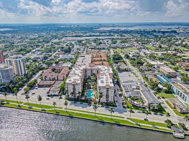 aerial view with a water view and a city view