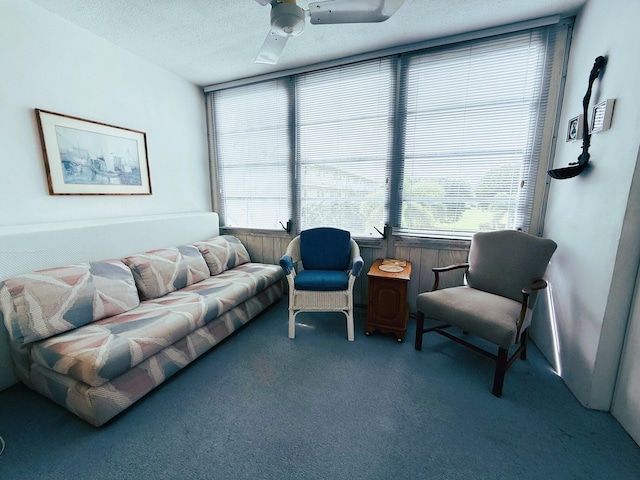 carpeted living room with a textured ceiling