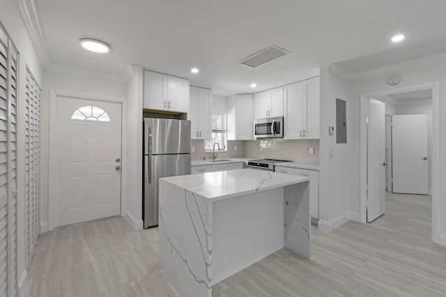 kitchen featuring appliances with stainless steel finishes, a sink, electric panel, white cabinets, and ornamental molding