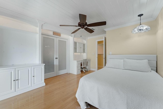 bedroom featuring baseboards, ceiling fan, wood ceiling, crown molding, and light wood-type flooring