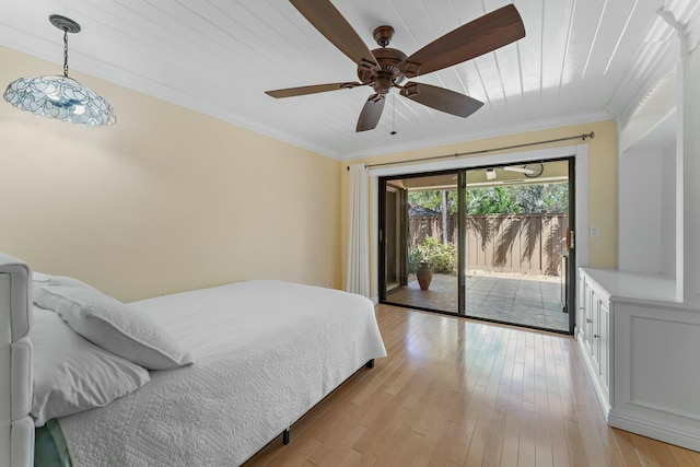 bedroom with access to exterior, crown molding, wooden ceiling, light wood-style floors, and a ceiling fan