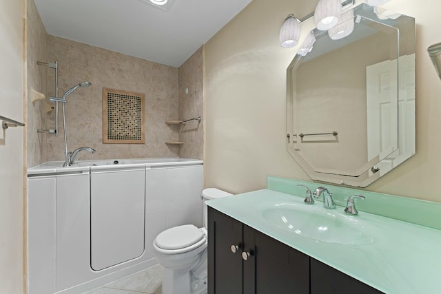 full bathroom with walk in shower, toilet, a bathtub, tile patterned floors, and vanity