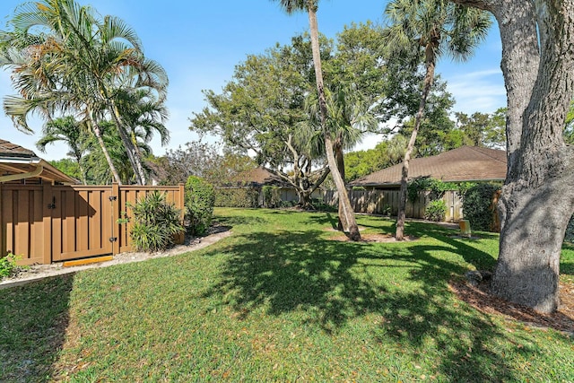 view of yard featuring a fenced backyard and a gate