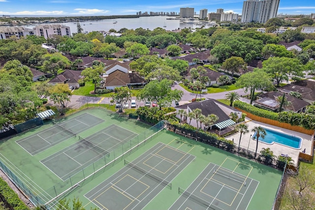 aerial view featuring a water view