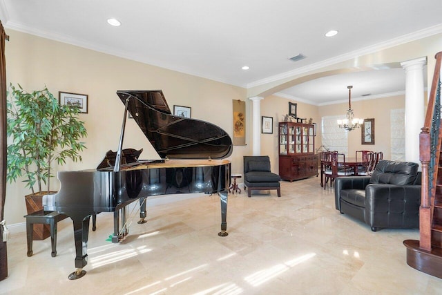 living area featuring decorative columns, visible vents, arched walkways, crown molding, and recessed lighting