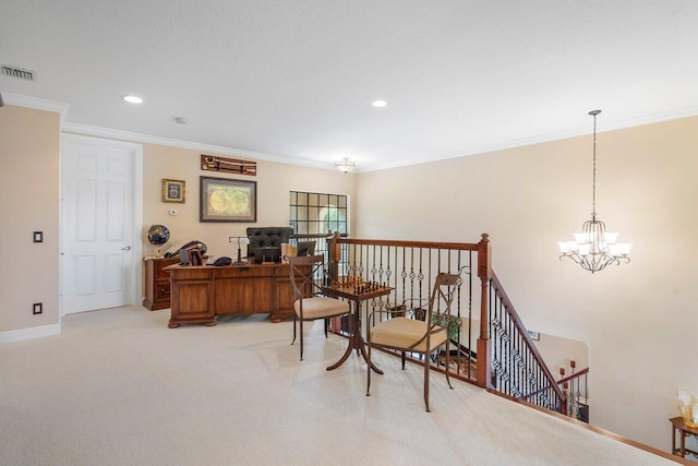 office area with visible vents, crown molding, a notable chandelier, and baseboards