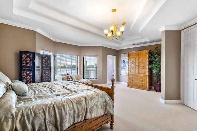 carpeted bedroom featuring a raised ceiling, visible vents, ornamental molding, a chandelier, and baseboards