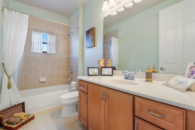 full bath featuring toilet, vanity, shower / bath combination with curtain, and tile patterned floors