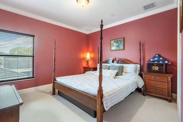 bedroom featuring light carpet, ornamental molding, visible vents, and baseboards