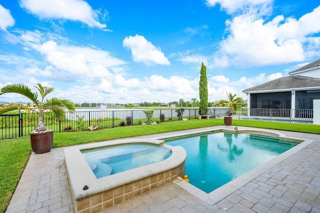 view of pool with a pool with connected hot tub, a water view, a lawn, a sunroom, and a fenced backyard