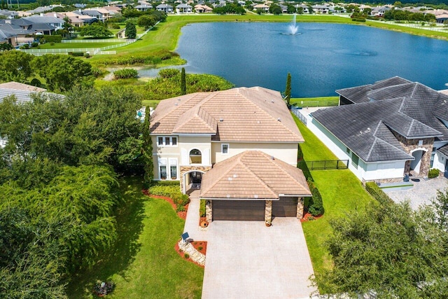 bird's eye view featuring a water view and a residential view