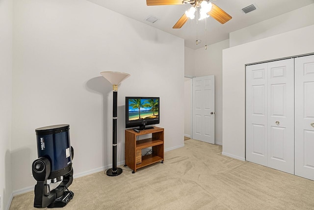10617 Pine Cone Ln, Fort Pierce, FL 34945 - interior space with ceiling fan, baseboards, visible vents, and light colored carpet
