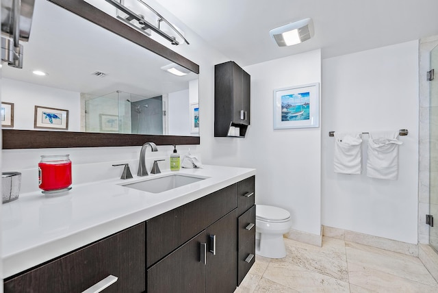 full bath with a shower stall, visible vents, and vanity