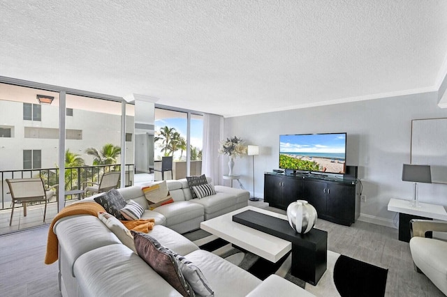 living room with expansive windows, a textured ceiling, baseboards, and wood finished floors